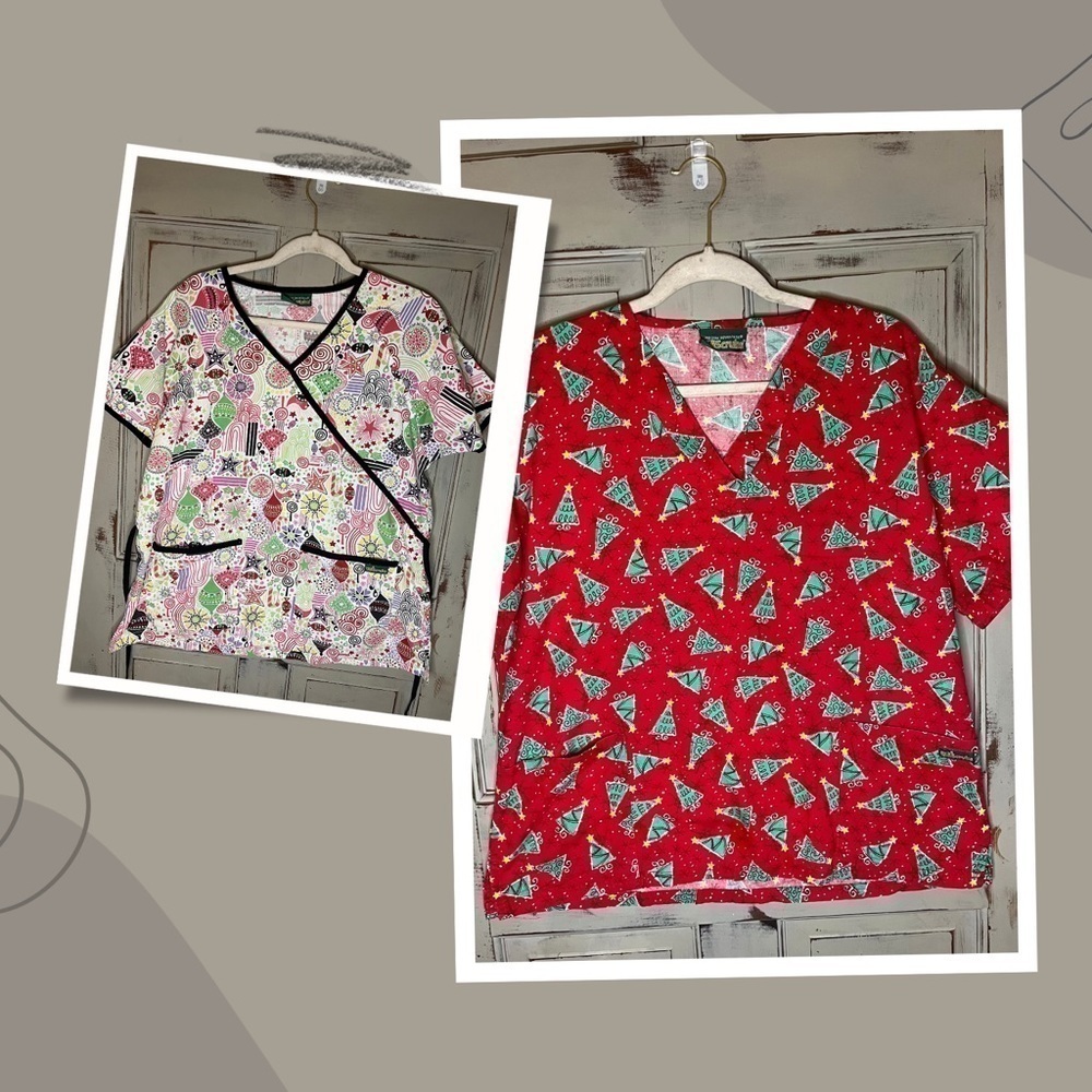 2 Uniform Advantage Christmas tree ornament Scrub tops S medical professional